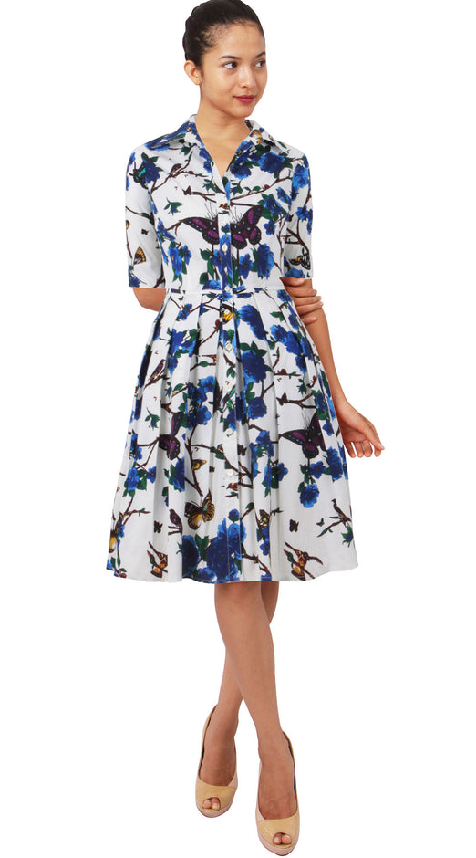 1/2 Sleeve | Rose Butterfly | White Cobalt Blue | Front | Shirt Dress By Samantha Sung