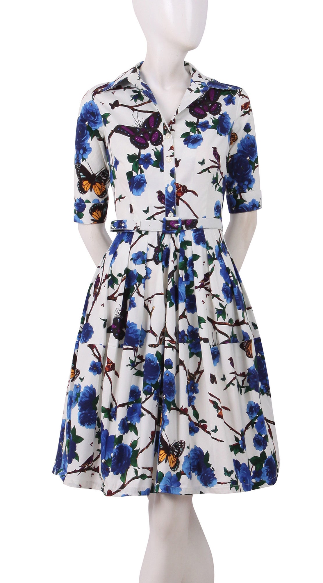 1/2 Sleeve | Rose Butterfly | White Cobalt Blue | Front-1 | Shirt Dress By Samantha Sung