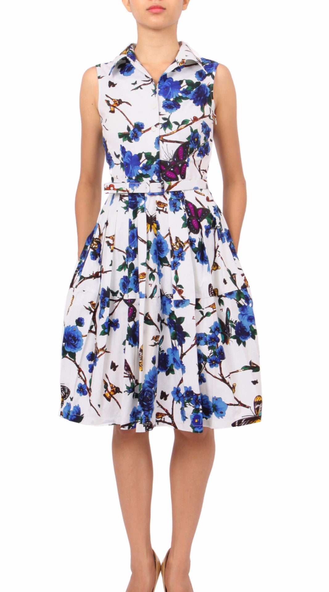 Sleeveless | Rose Butterfly | White Cobalt Blue | Front | Shirt Dress By Samantha Sung