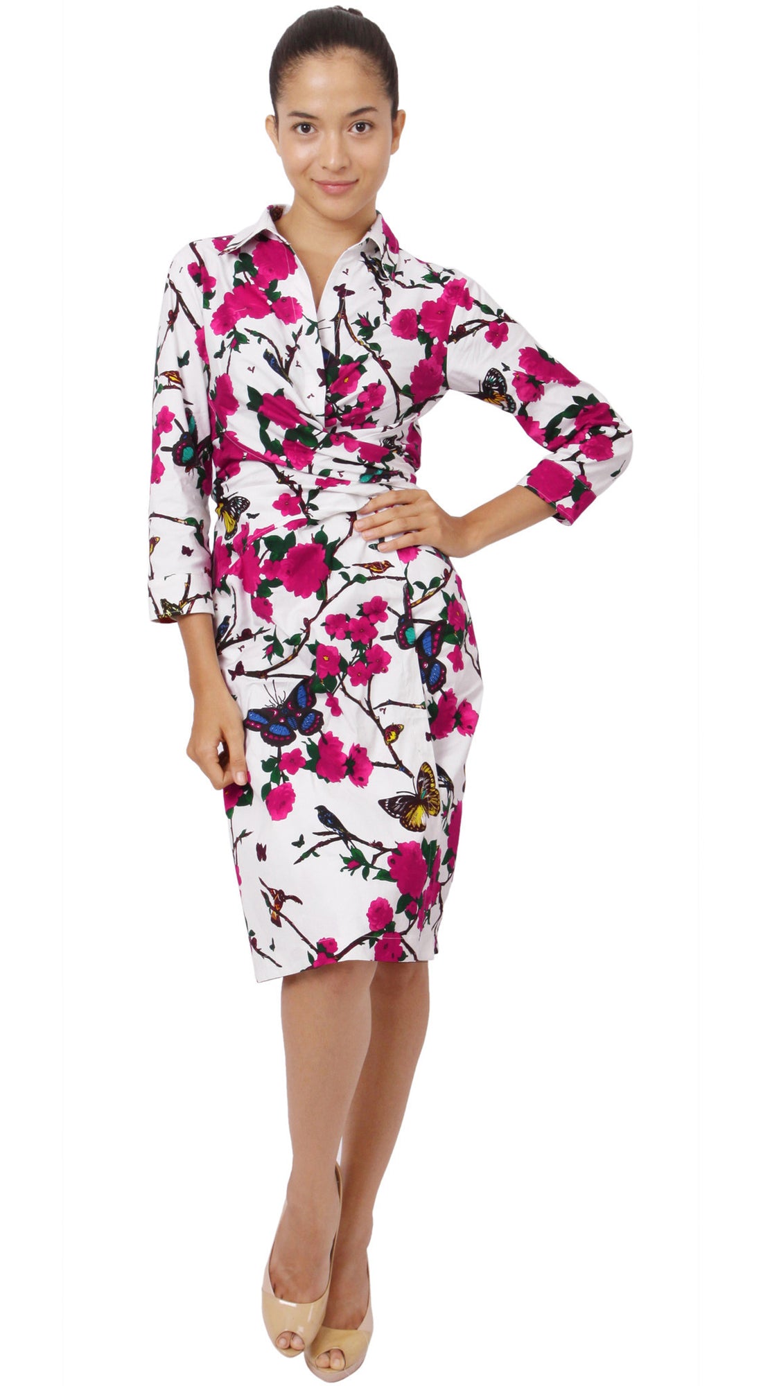 3/4 Sleeve | Rose Butterfly | White Pink | Front-1 | Shirt Dress By Samantha Sung