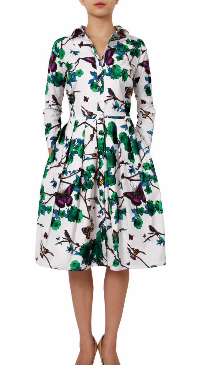3/4 Sleeve | Rose Butterfly | White Pine Green | Front | Shirt Dress By Samantha Sung