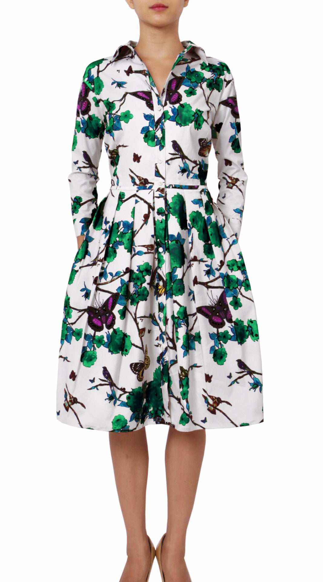 3/4 Sleeve | Rose Butterfly | White Pine Green | Front | Shirt Dress By Samantha Sung