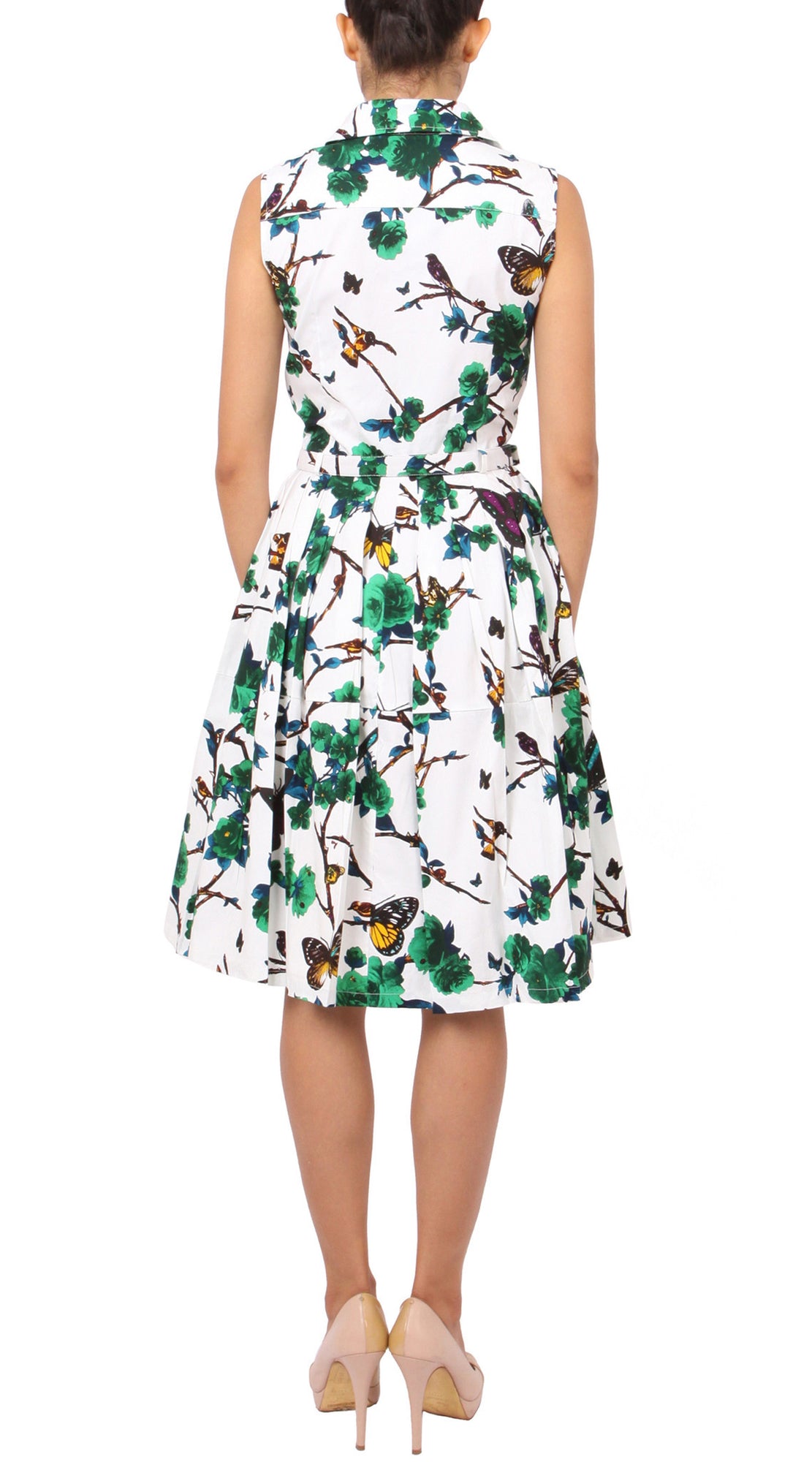 Sleeveless | Rose Butterfly | White Pine Green | Back | Shirt Dress By Samantha Sung