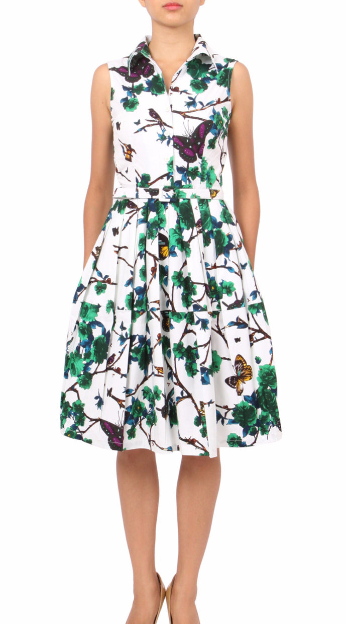 Sleeveless | Rose Butterfly | White Pine Green | Front | Shirt Dress By Samantha Sung