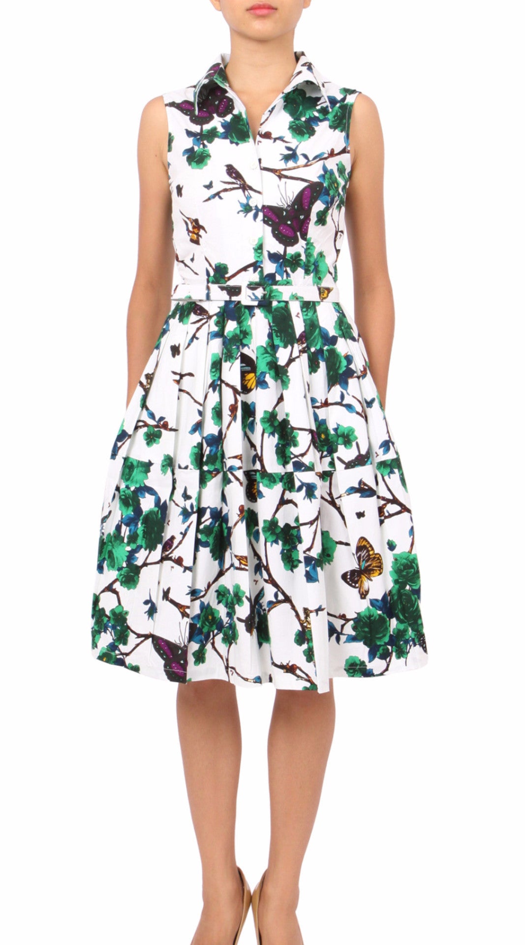 Sleeveless | Rose Butterfly | White Pine Green | Front | Shirt Dress By Samantha Sung