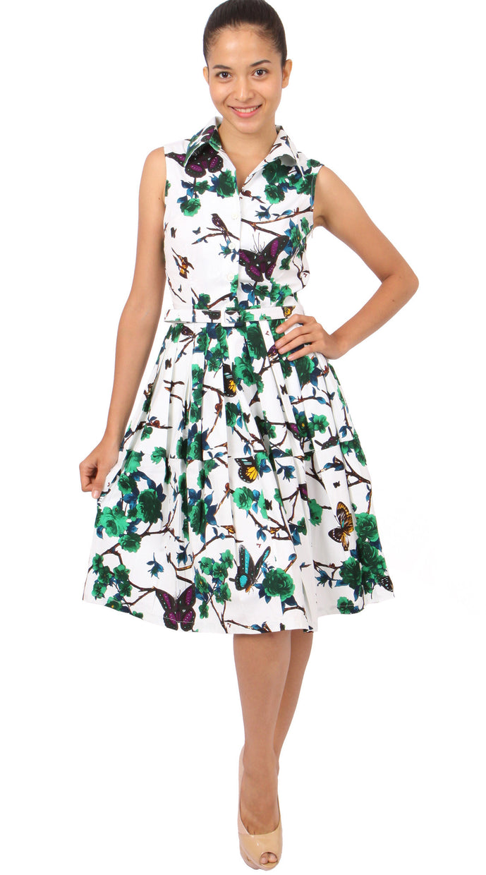 Sleeveless | Rose Butterfly | White Pine Green | Front-1 | Shirt Dress By Samantha Sung