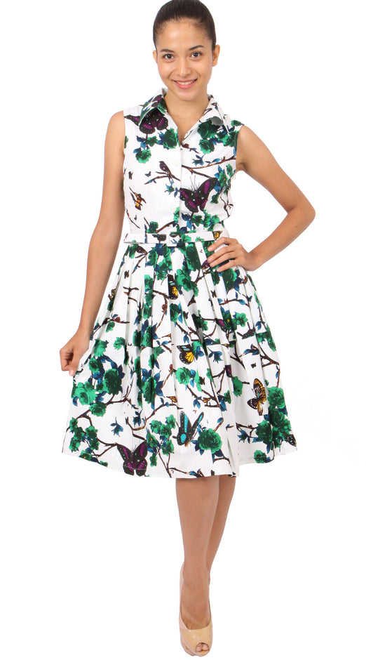 Sleeveless | Rose Butterfly | White Pine Green | Front-1 | Shirt Dress By Samantha Sung