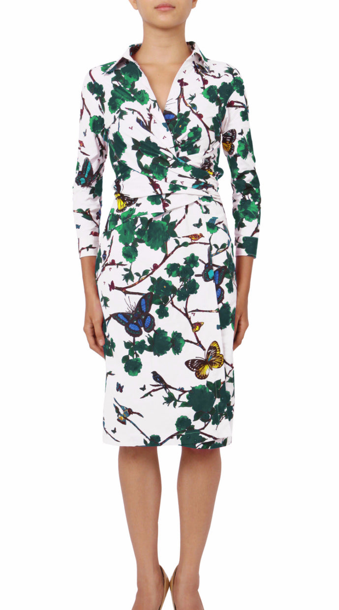 3/4 Sleeve | Rose Butterfly | White Pine Green | Front | Shirt Dress By Samantha Sung