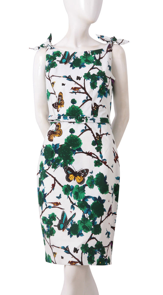 Tie Shoulder | Rose Butterfly | White Pine Green | Front | Dress By Samantha Sung
