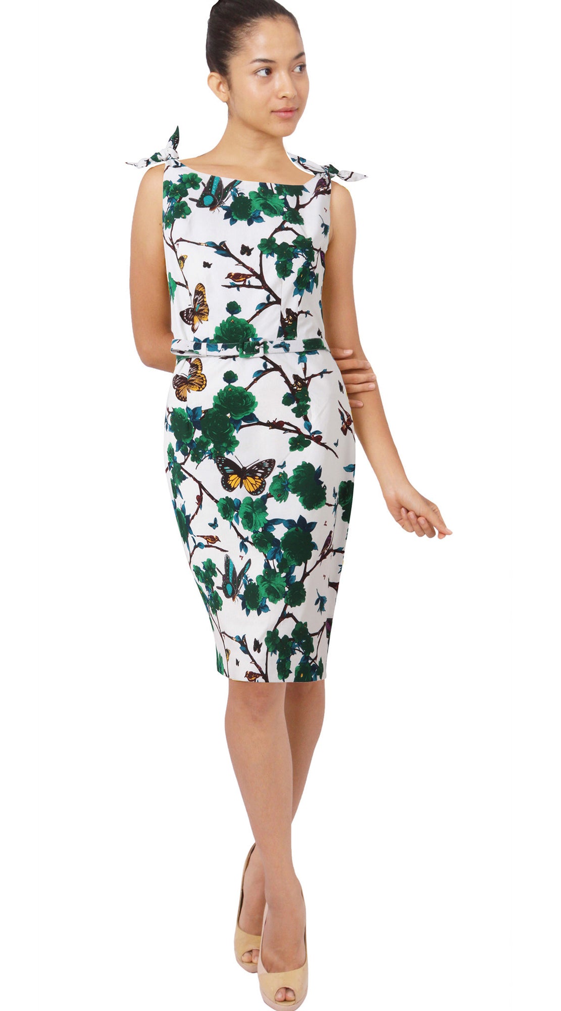 Tie Shoulder | Rose Butterfly | White Pine Green | Front | Dress By Samantha Sung