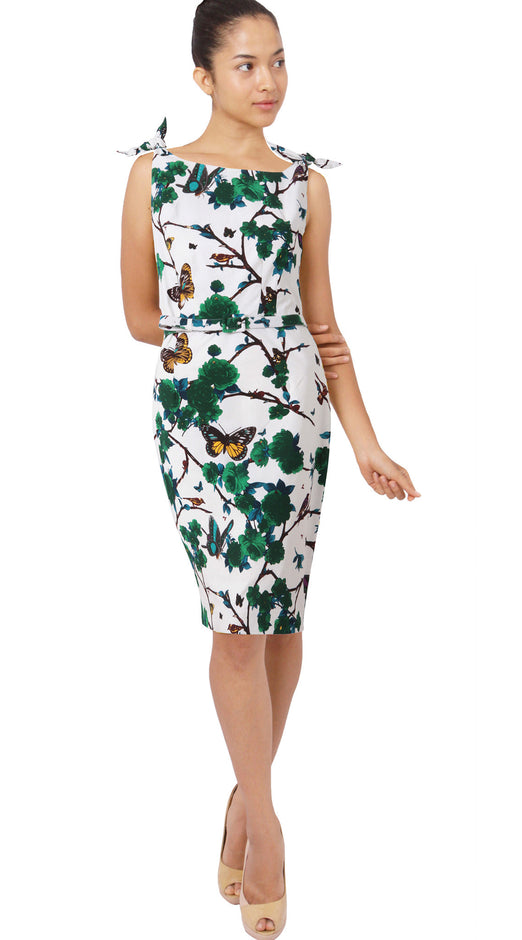 Tie Shoulder | Rose Butterfly | White Pine Green | Front | Dress By Samantha Sung