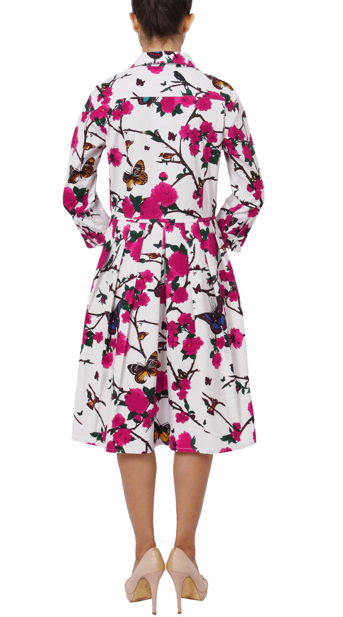 3/4 Sleeve | Rose Butterfly | White Pink | Back | Shirt Dress By Samantha Sung