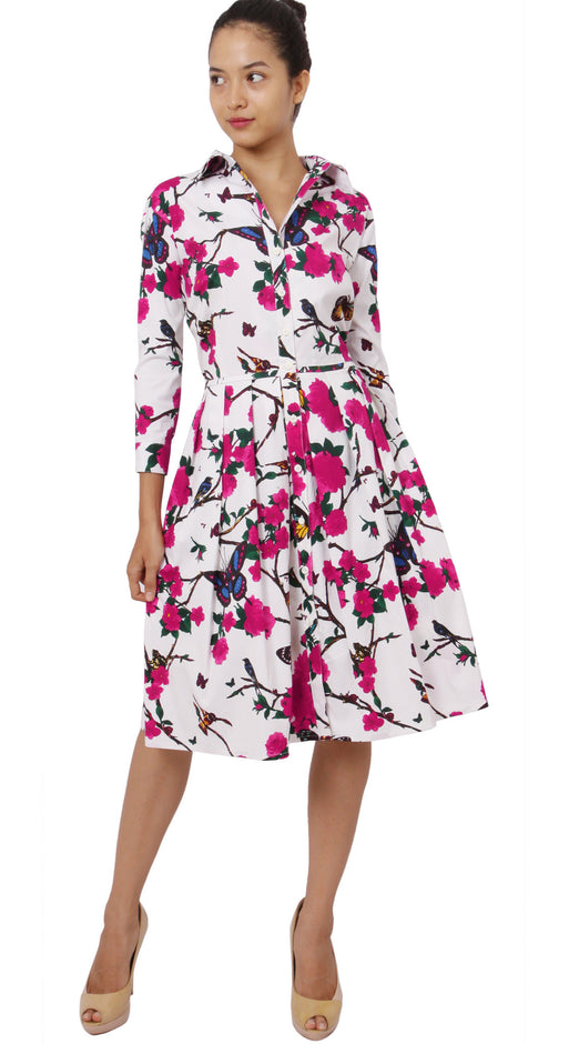3/4 Sleeve | Rose Butterfly | White Pink | Front-1 | Shirt Dress By Samantha Sung