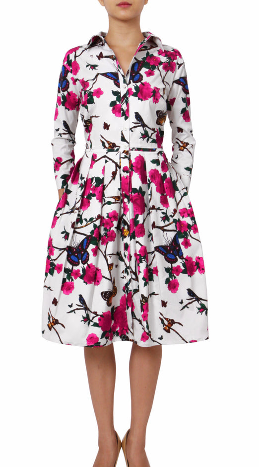 3/4 Sleeve | Rose Butterfly | White Pink | Front-1 | Shirt Dress By Samantha Sung