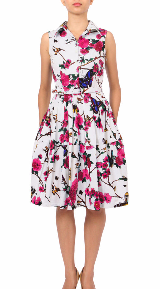 Sleeveless | Rose Butterfly | White Pine Green | Front-1 | Shirt Dress By Samantha Sung