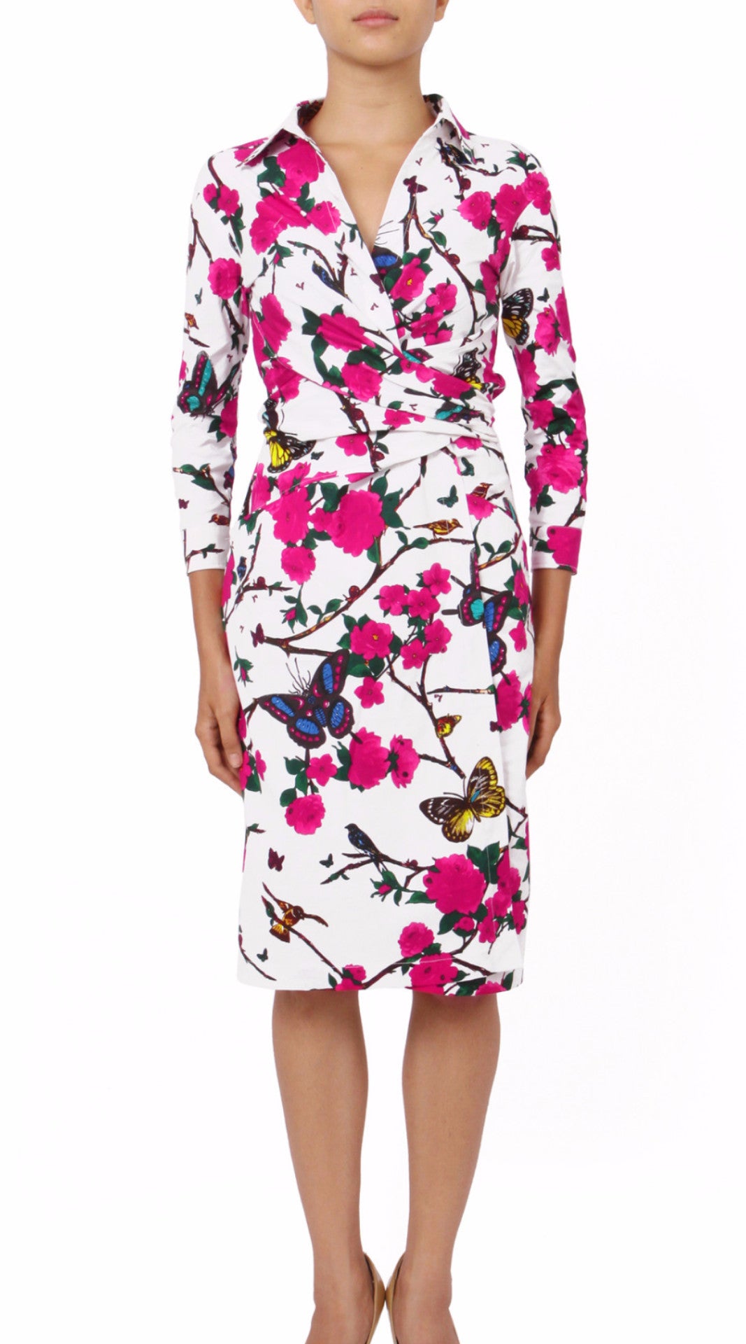 3/4 Sleeve | Rose Butterfly | White Pink | Front | Shirt Dress By Samantha Sung