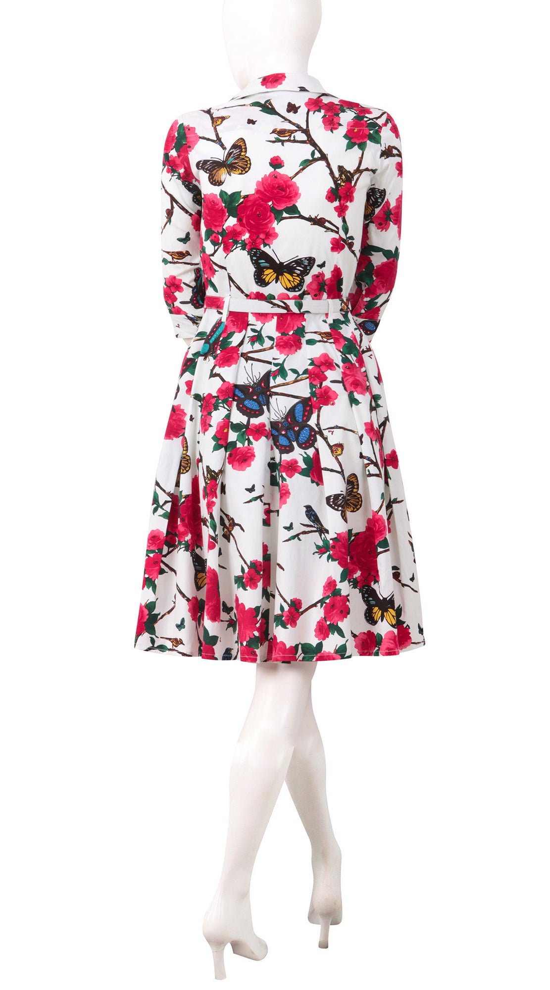 3/4 Sleeve | Rose Butterfly | White Pink | Back | Shirt Dress By Samantha Sung