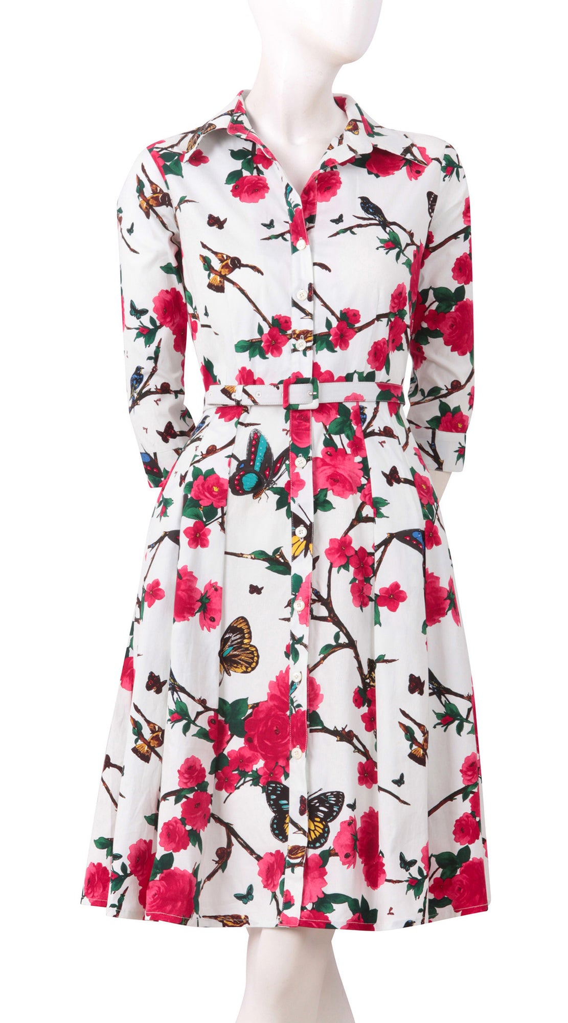 3/4 Sleeve | Rose Butterfly | White Pink | Front | Shirt Dress By Samantha Sung