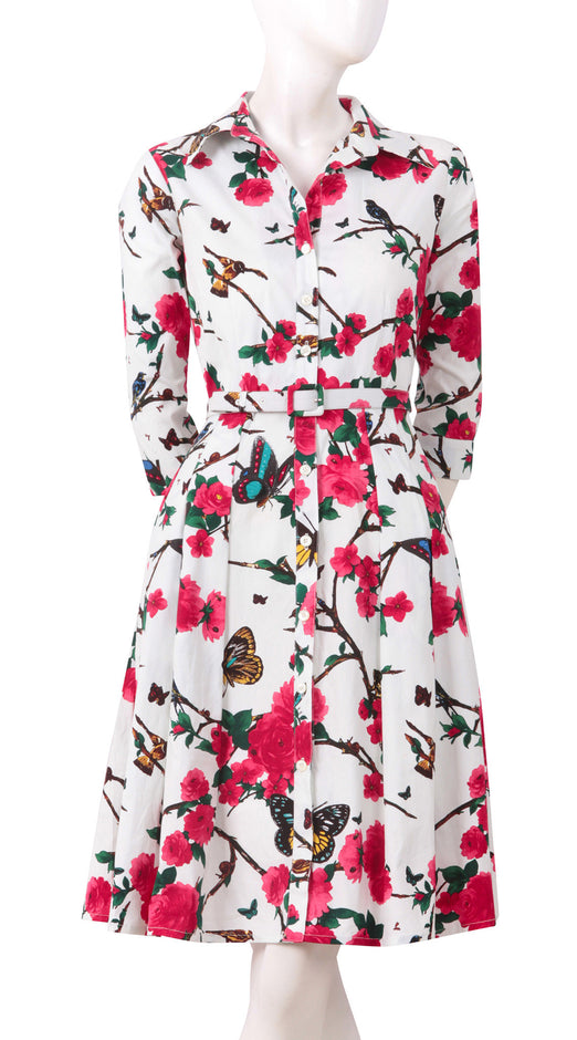 3/4 Sleeve | Rose Butterfly | White Pink | Front | Shirt Dress By Samantha Sung