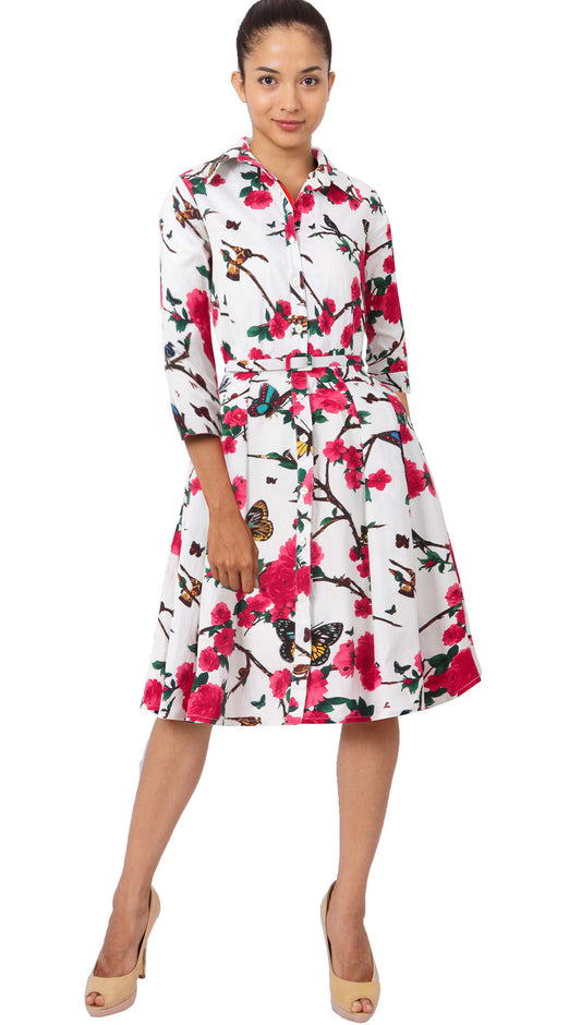 3/4 Sleeve | Rose Butterfly | White Pink | Front | Shirt Dress By Samantha Sung