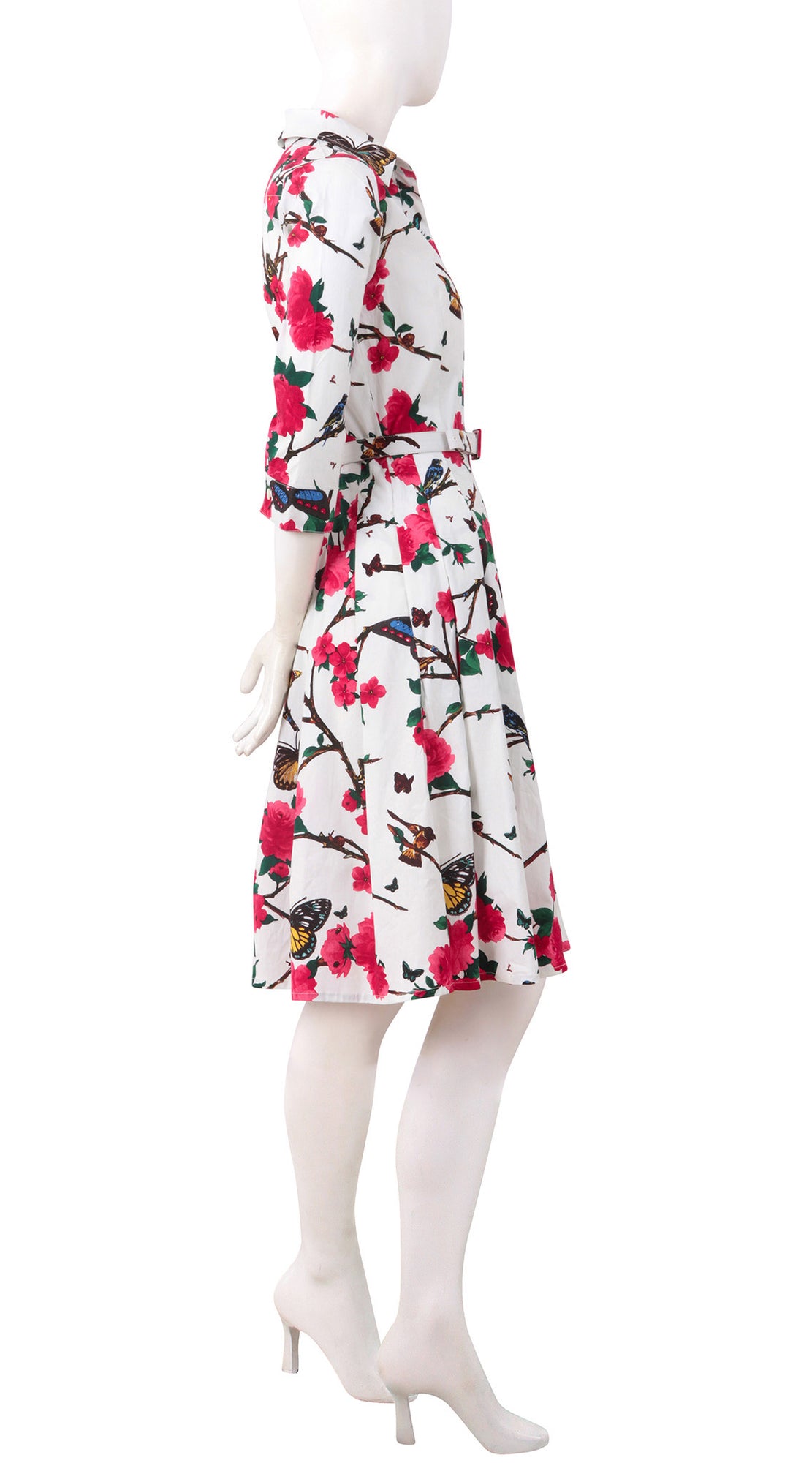 3/4 Sleeve | Rose Butterfly | White Pink | Right | Shirt Dress By Samantha Sung