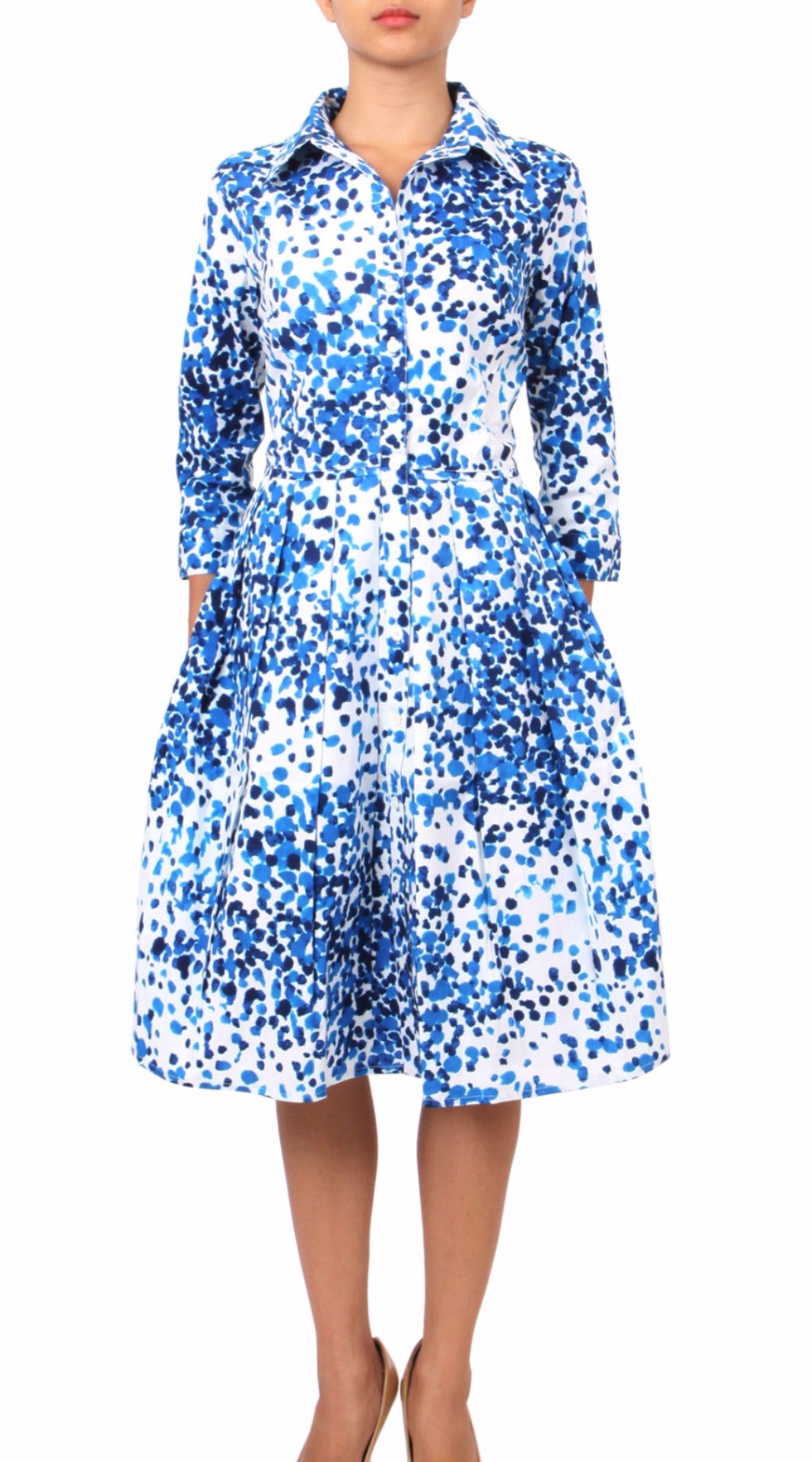 3/4 Sleeve | Seurat | White Cobalt Blue | Front | Shirt Dress By Samantha Sung
