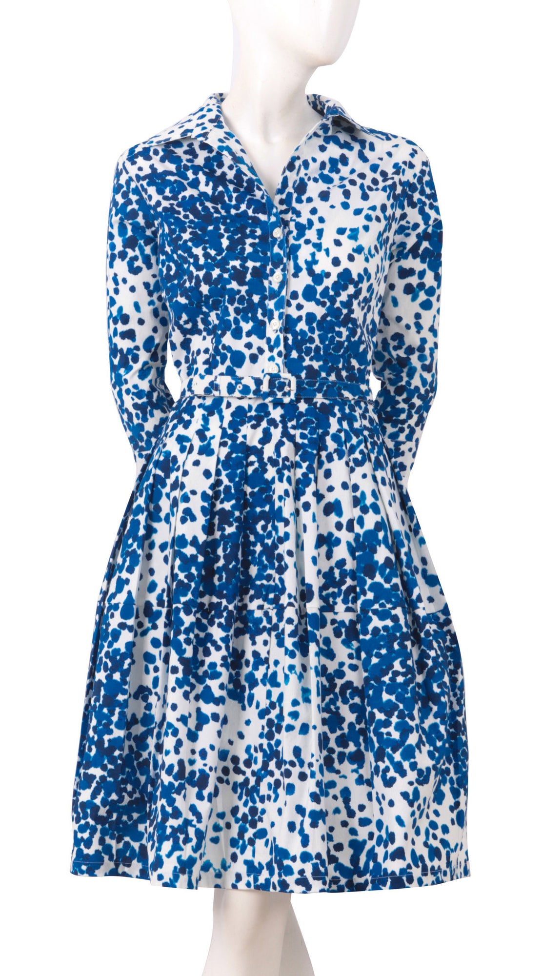 3/4 Sleeve | Seurat | White Cobalt Blue | Front | Shirt Dress By Samantha Sung