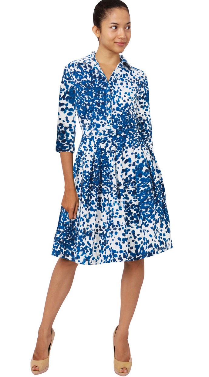 3/4 Sleeve | Seurat | White Cobalt Blue | Front | Shirt Dress By Samantha Sung
