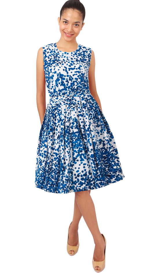 Sleeveless | Seurat | White Cobalt Blue | Front | Dress By Samantha Sung