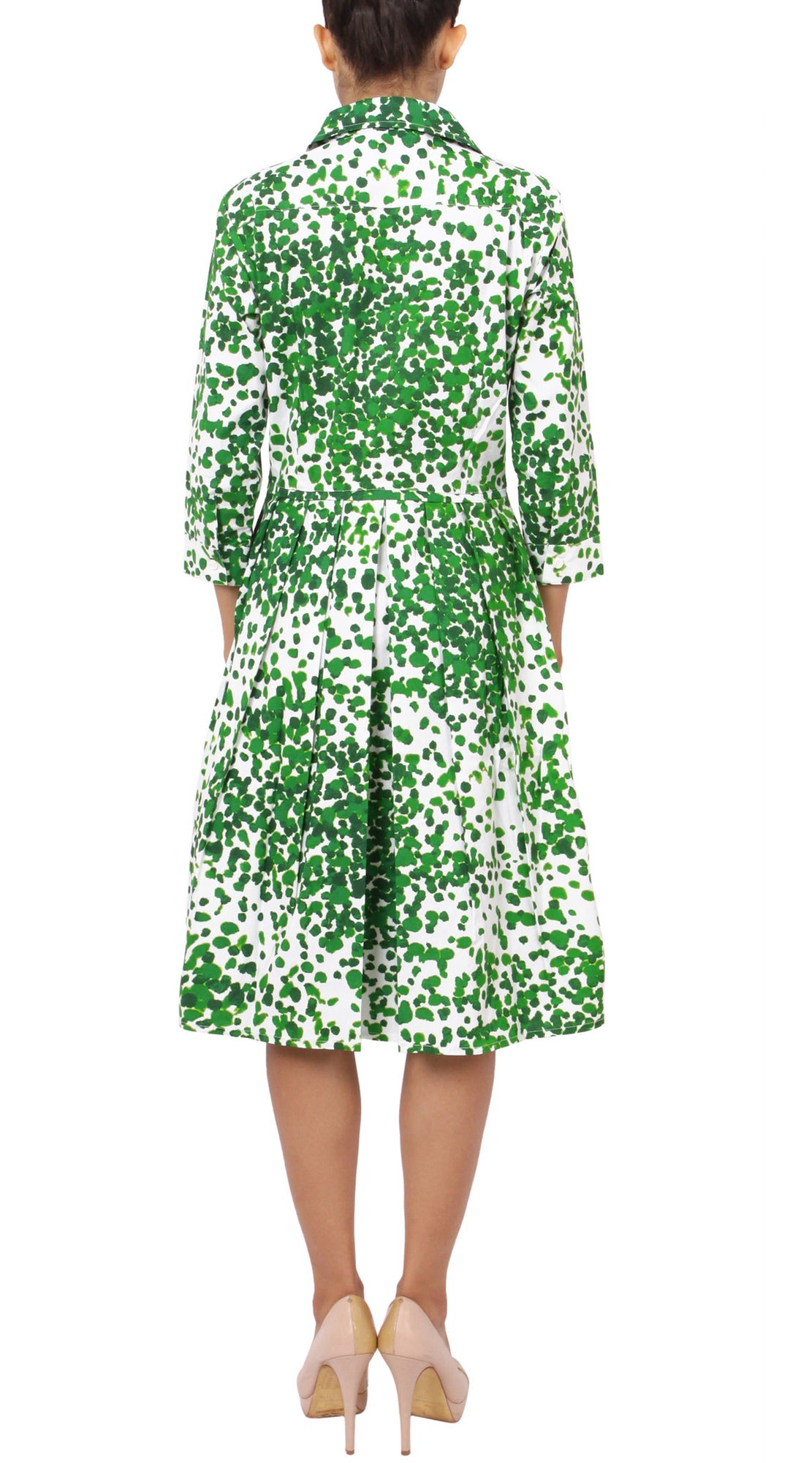 3/4 Sleeve | Seurat | White Pine Green | Back | Shirt Dress By Samantha Sung