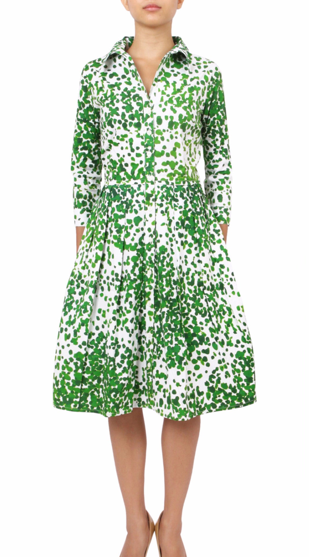 3/4 Sleeve | Seurat | White Pine Green | Front | Shirt Dress By Samantha Sung