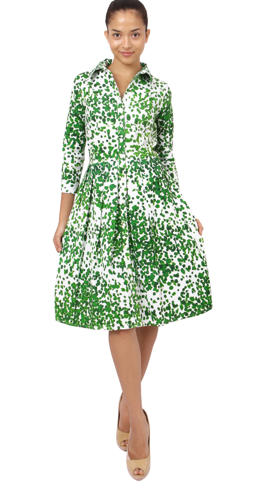 3/4 Sleeve | Seurat | White Pine Green | Front-1 | Shirt Dress By Samantha Sung