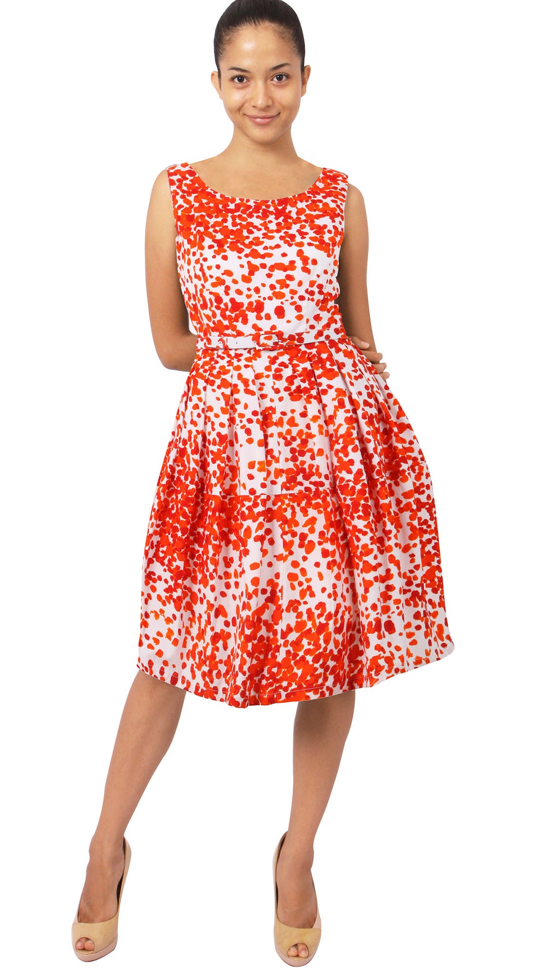 Sleeveless | Seurat | White Indian Red | Front | Shirt Dress By Samantha Sung