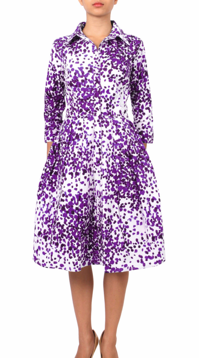 3/4 Sleeve | Seurat | White Lilac | Front | Shirt Dress By Samantha Sung