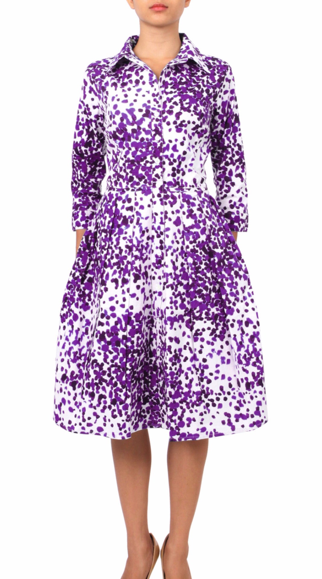 3/4 Sleeve | Seurat | White Lilac | Front | Shirt Dress By Samantha Sung