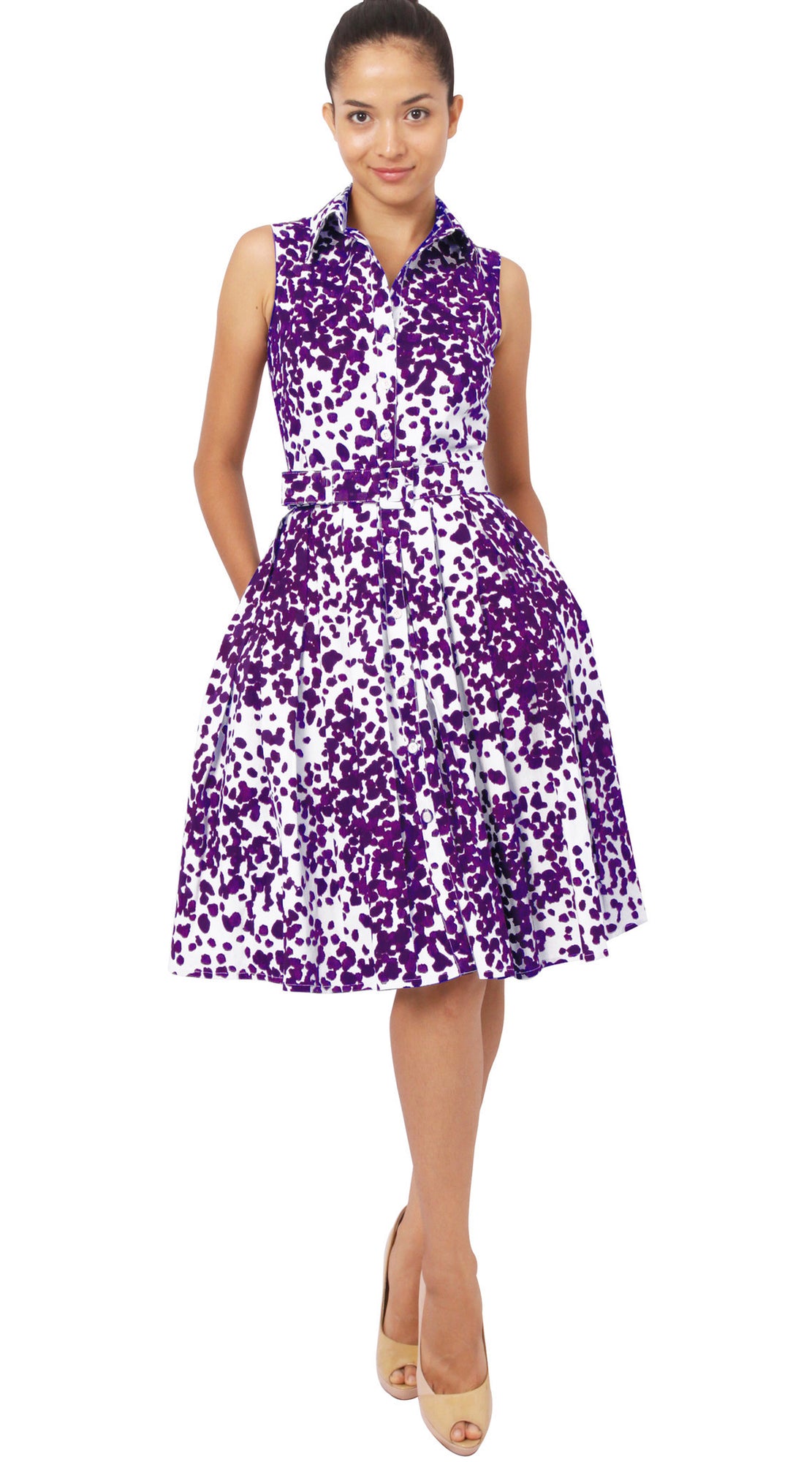 Sleeveless | Seurat | White Lilac | Front-1 | Shirt Dress By Samantha Sung