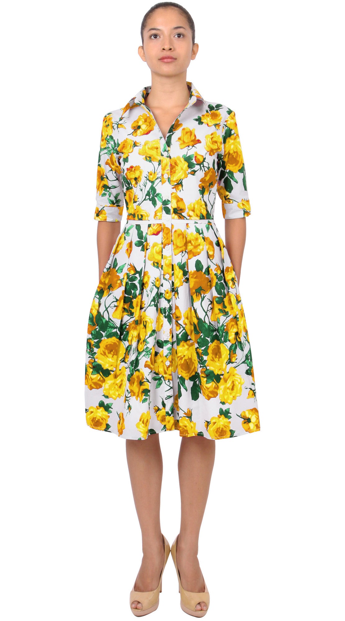 1/2 Sleeve | Sicilian Rose | White Chrome Yellow | Front | Shirt Dress By Samantha Sung