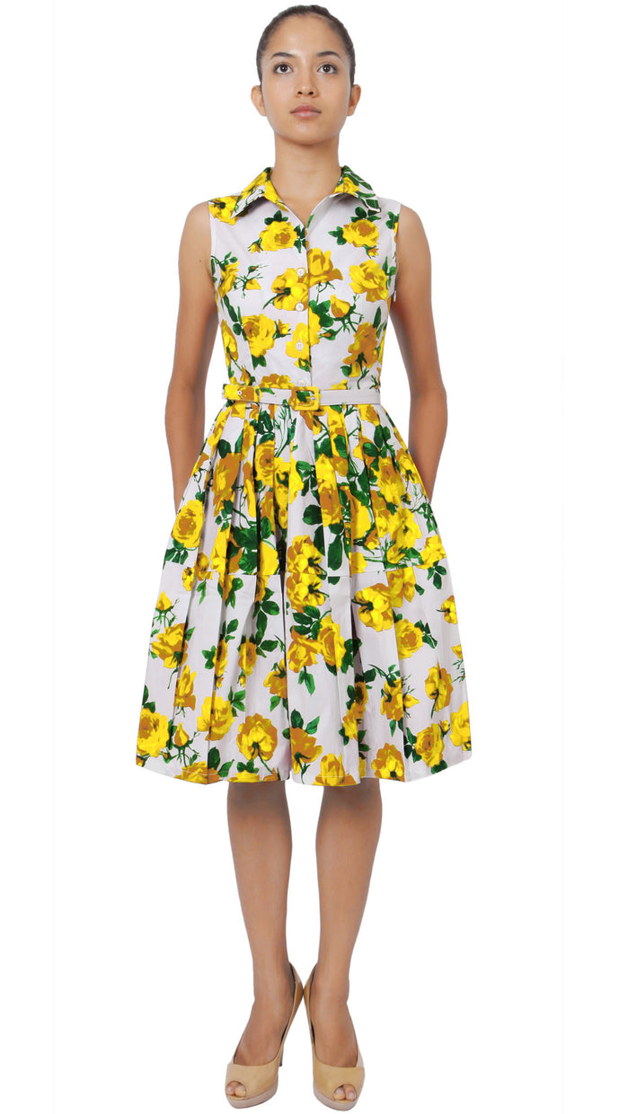 Sleeveless | Sicilian Rose | White Chrome Yellow | Front | Shirt Dress By Samantha Sung
