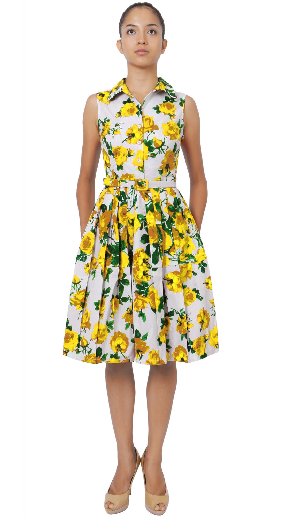Sleeveless | Sicilian Rose | White Chrome Yellow | Front | Shirt Dress By Samantha Sung