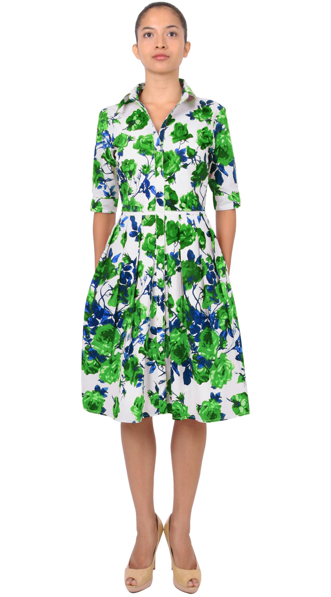 1/2 Sleeve | Sicilian Rose | White Grass Green | Front | Shirt Dress By Samantha Sung