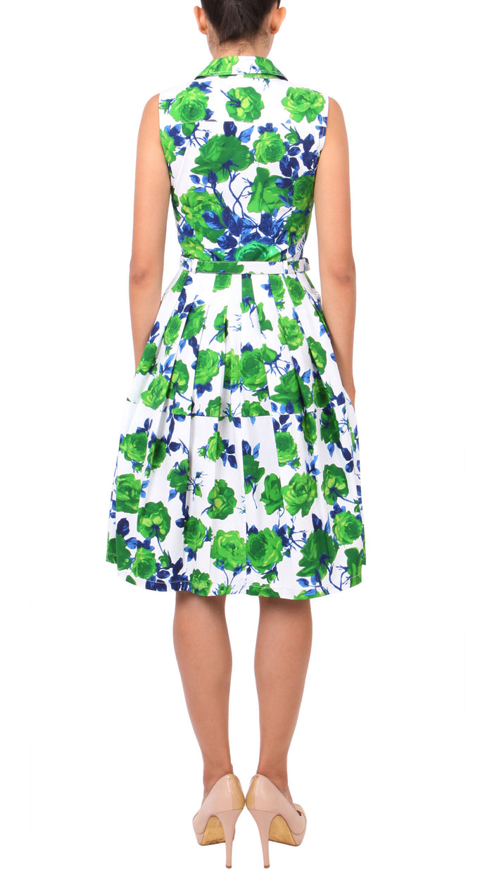 Sleeveless | Sicilian Rose | White Grass Green | Back | Shirt Dress By Samantha Sung