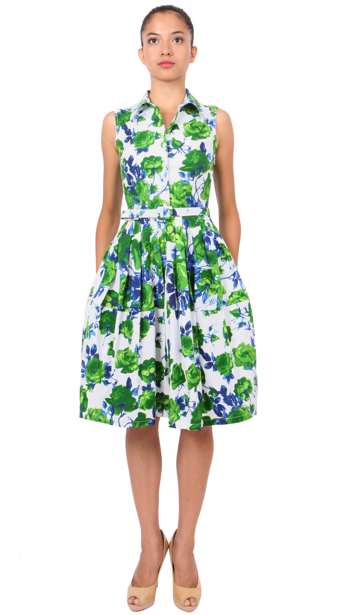 Sleeveless | Sicilian Rose | White Grass Green | Front | Shirt Dress By Samantha Sung
