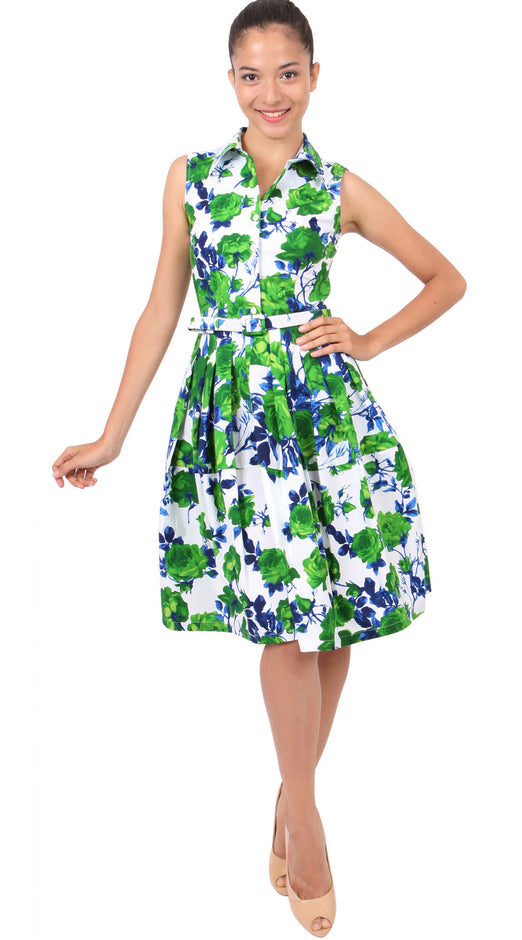 Sleeveless | Sicilian Rose | White Grass Green | Front-1 | Shirt Dress By Samantha Sung