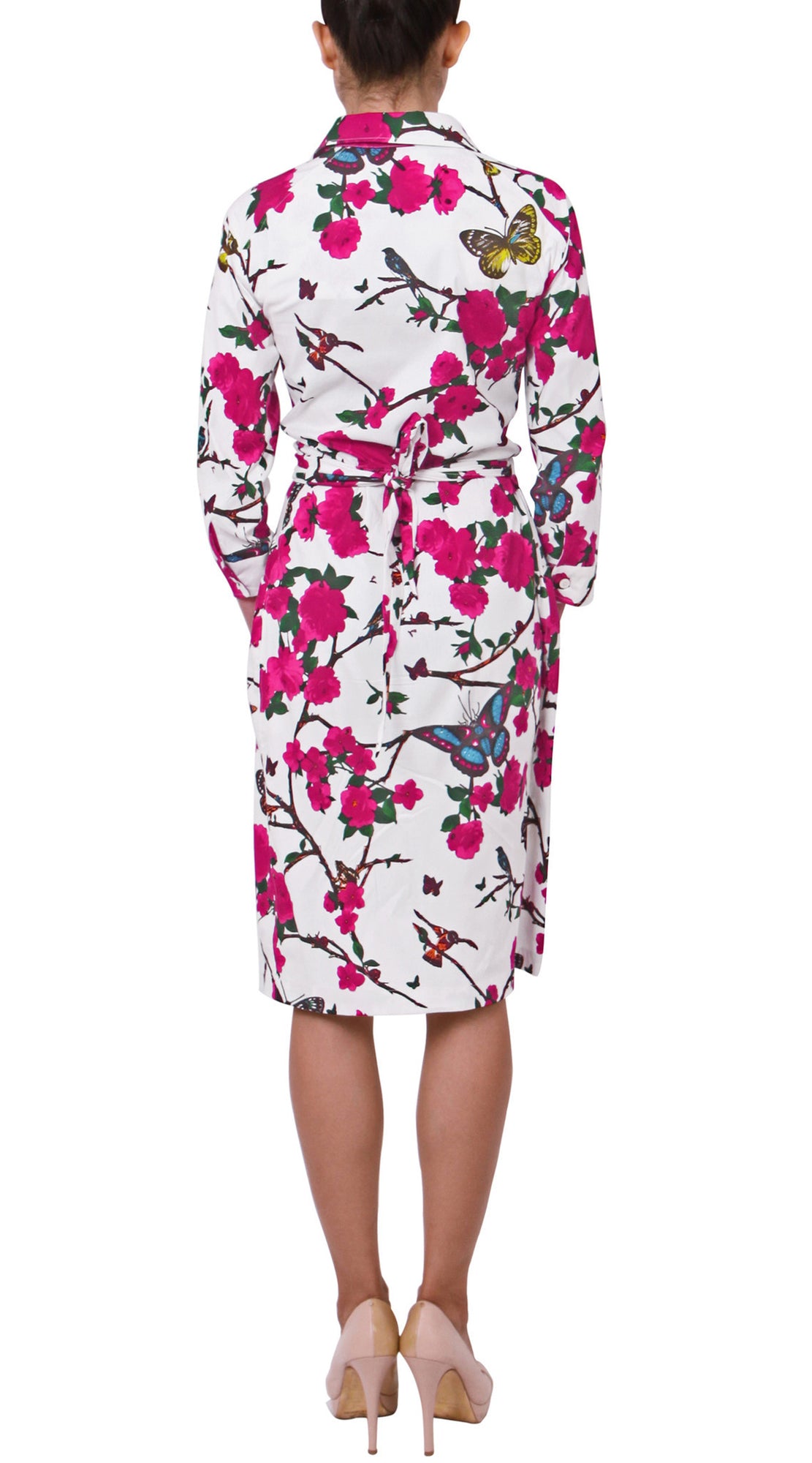 3/4 Sleeve | Rose Butterfly | White Pink | Back | Shirt Dress By Samantha Sung