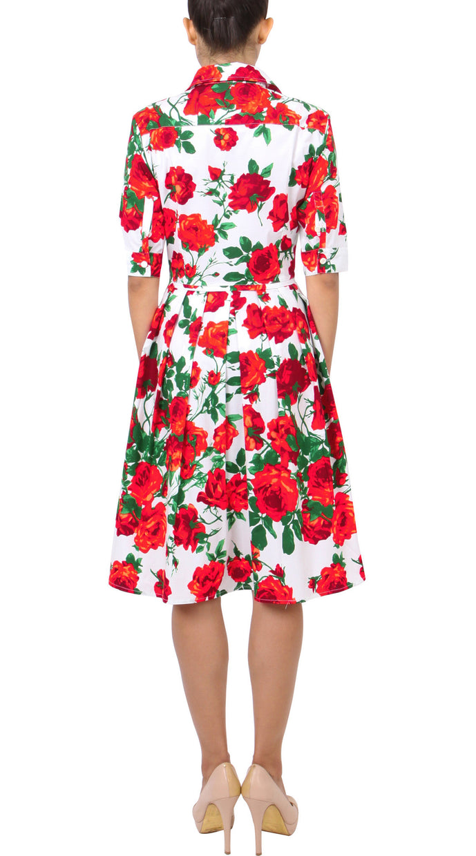 1/2 Sleeve | Sicilian Rose | White Indian Red | Back | Shirt Dress By Samantha Sung