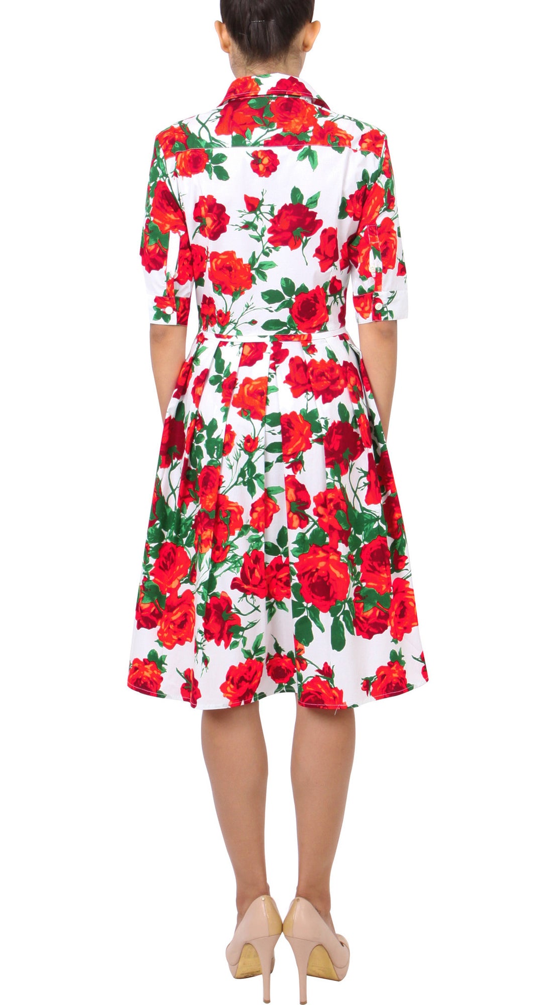 1/2 Sleeve | Sicilian Rose | White Indian Red | Back | Shirt Dress By Samantha Sung