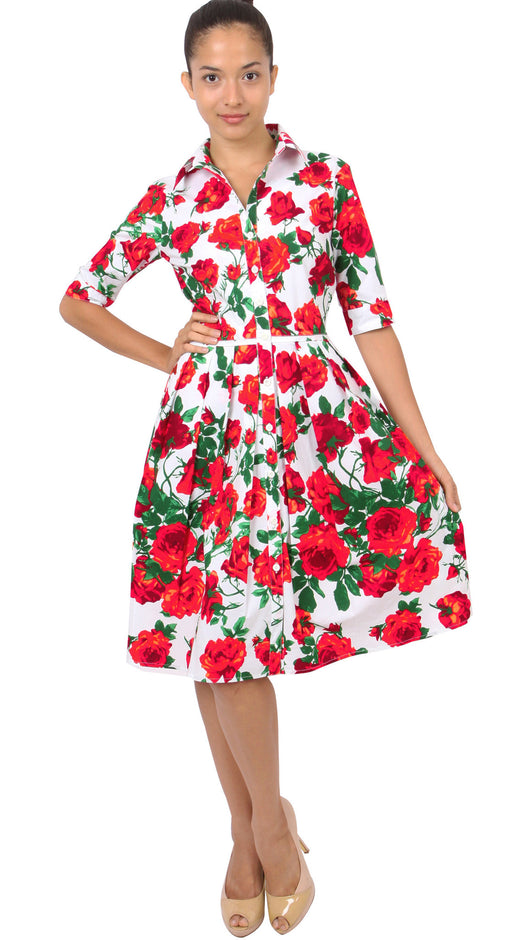 1/2 Sleeve | Sicilian Rose | White Indian Red | Front-1 | Shirt Dress By Samantha Sung