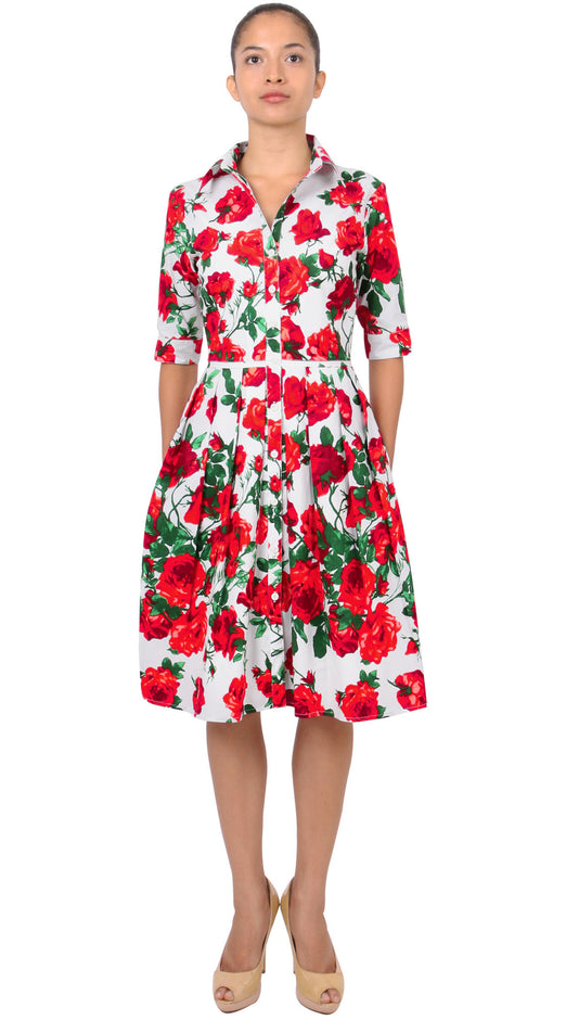 1/2 Sleeve | Sicilian Rose | White Indian Red | Front-1 | Shirt Dress By Samantha Sung