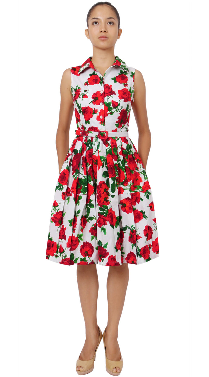 Sleeveless | Sicilian Rose | White Indian Red | Front | Shirt Dress By Samantha Sung