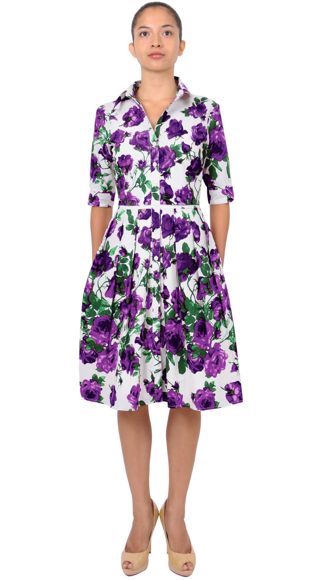 1/2 Sleeve | Sicilian Rose | White Lilac | Front | Shirt Dress By Samantha Sung